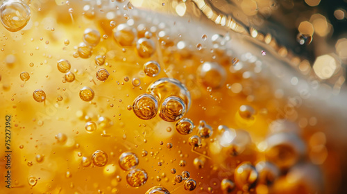 Close-up of beer bubbles in a transparent glass. Beer. Refreshing cold alcoholic drink with bubbles and foam. Drinks concept.