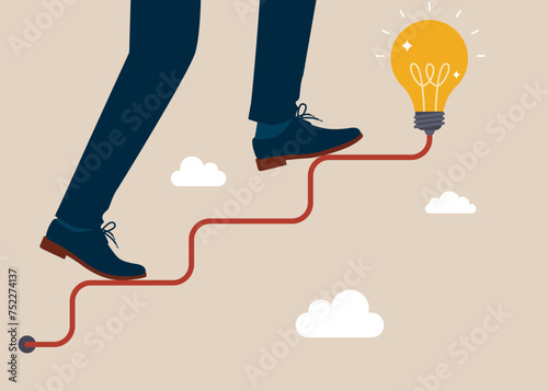 Career path or goal achievement, businessman walking on electricity line as stairway to big idea light bulb. Flat vector illustration