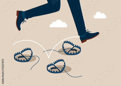 Achieve business success. Avoid pitfall steel bear trap. Flat vector illustration. 
