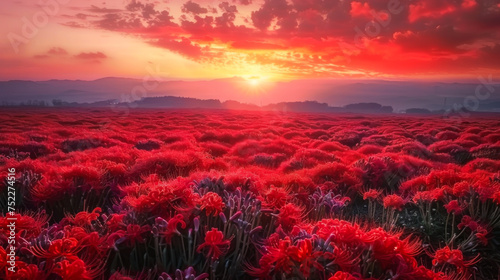 A large field dotted with red bright flowers at sunset. Nature concept. Landscape.