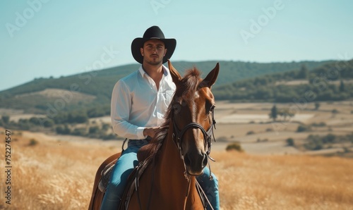 Handsome man  wearing white shirt and dark hat with blue jeans and sitting on horse. © Filip