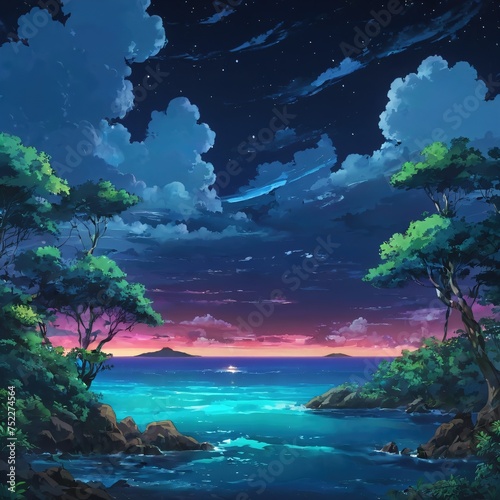 Tranquil Tropical Cove Under a Starry Night Sky at Dusk