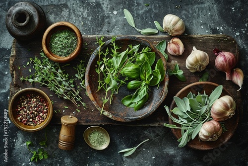 Herbal Haven: Fresh Culinary Herbs and Spices on Rustic Wooden Table