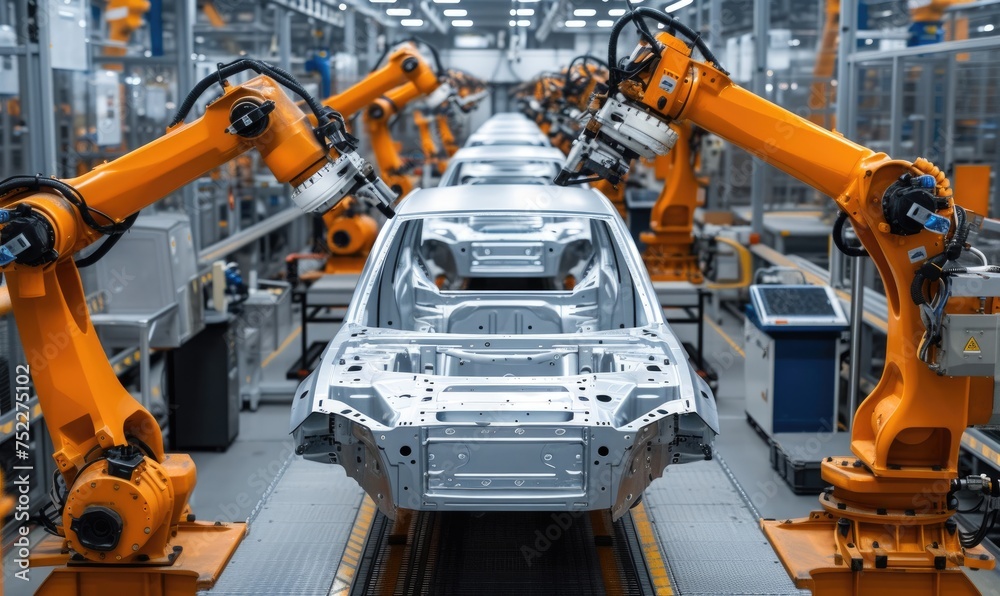 Automated robot arm assembly car parts at line in an automotive factory.