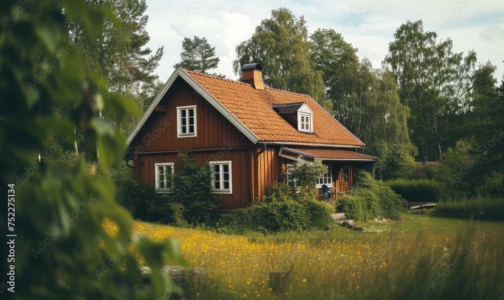Cozy swedish house style with wood and red color combination Cozy swedish house style with wood and red color combination
