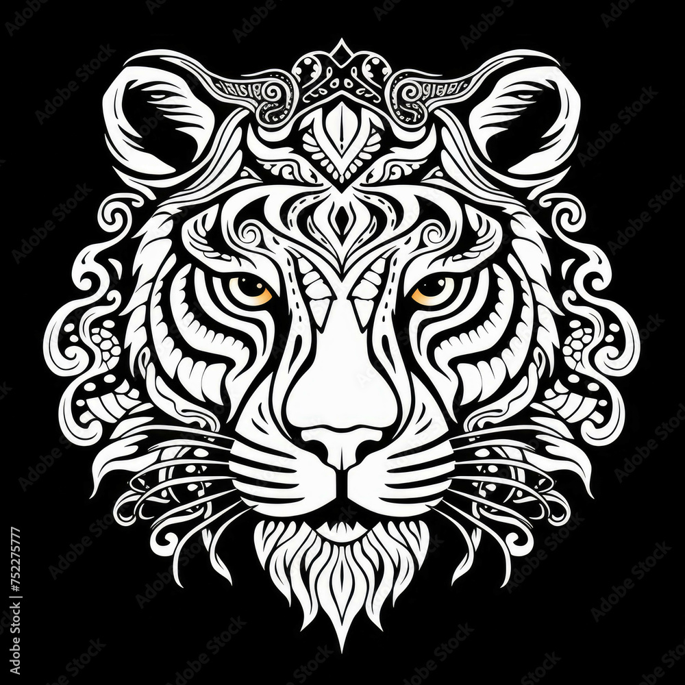 Tiger Mandala Style Illustration, black and white