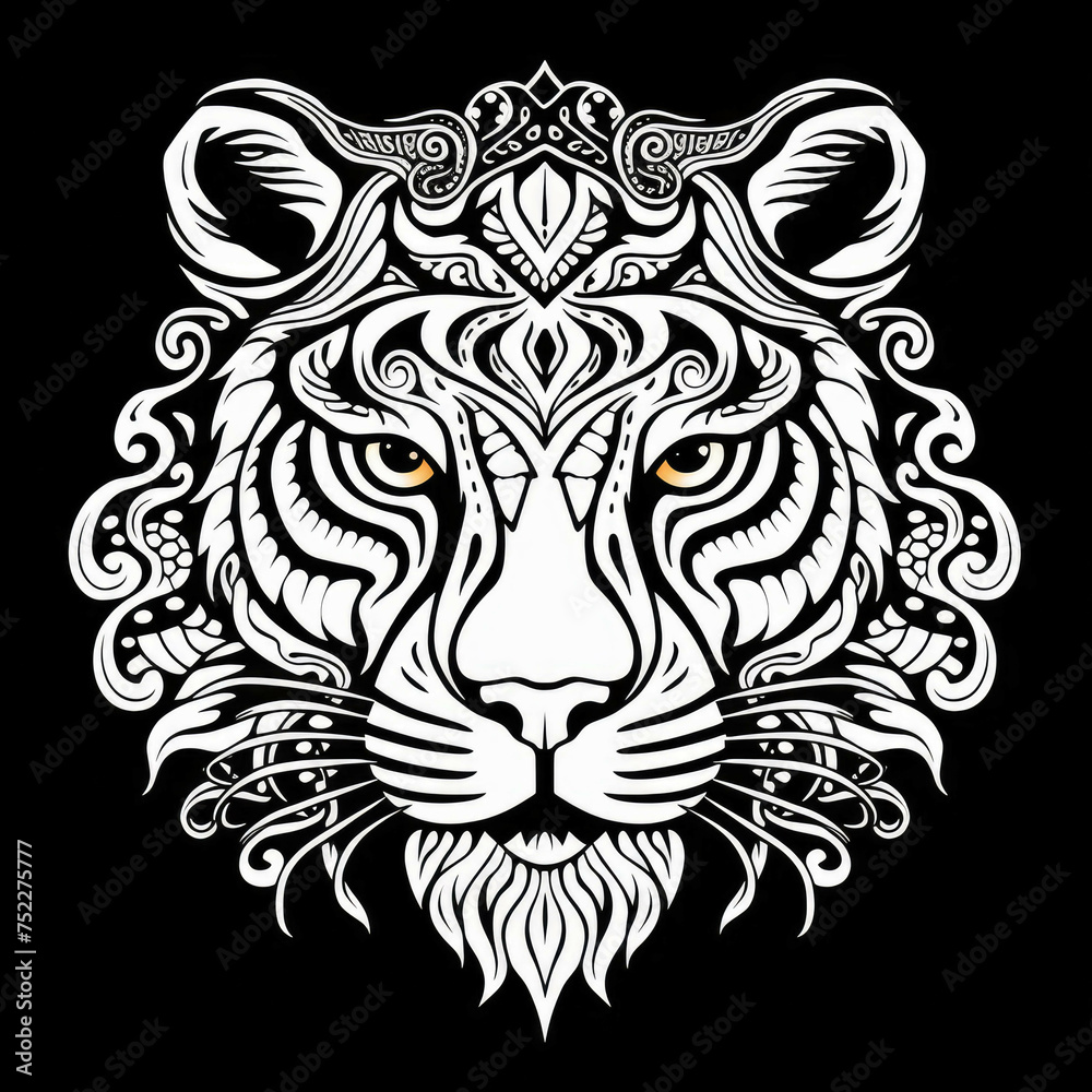 Tiger Mandala Style Illustration, black and white Tiger Mandala Style Illustration, black and white