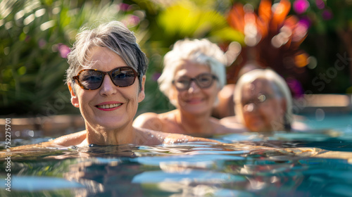 a group of smiling Active mature women enjoying in a garden pool,