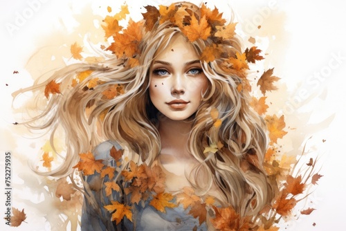 Watercolor autumn girl with long hair and leaves on white background © dashtik
