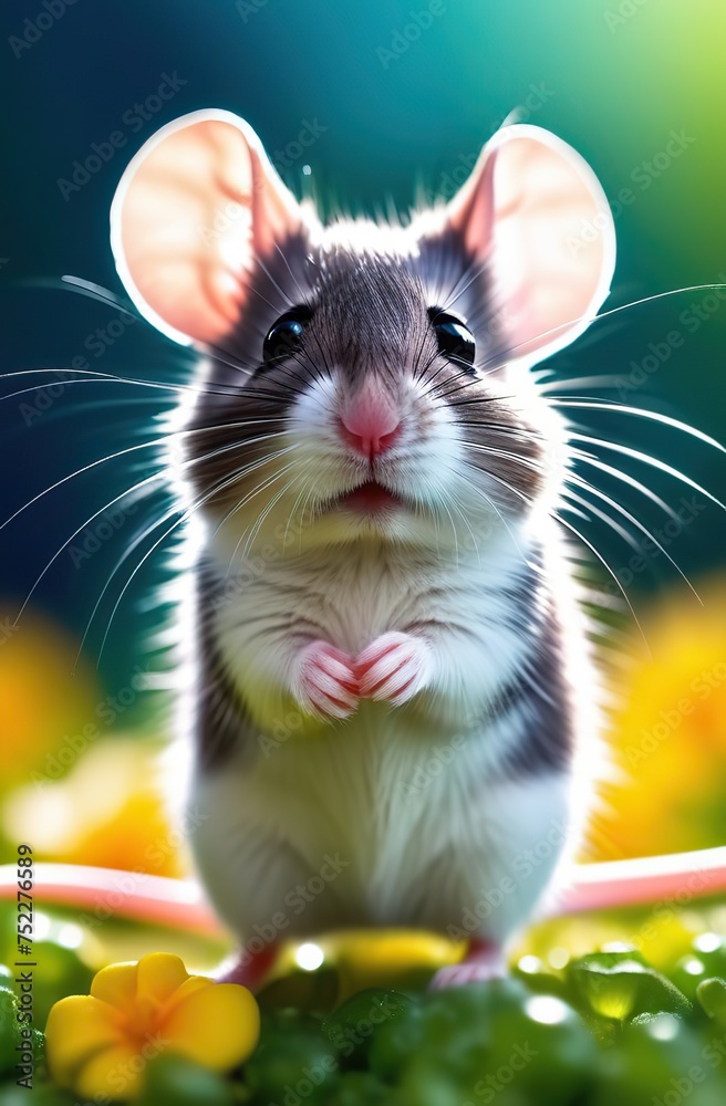 Mouse sniffing flower, dewdrops, soft pastels palette , warm vibrant light, Mouse sniffing flower, dewdrops, soft pastels palette , warm vibrant light,