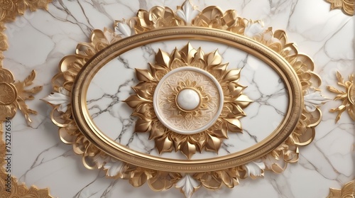 symmetrical background  3d wallpaper ceiling design model. decorative frame on a luxurious background of gold and white marble and mandala.
