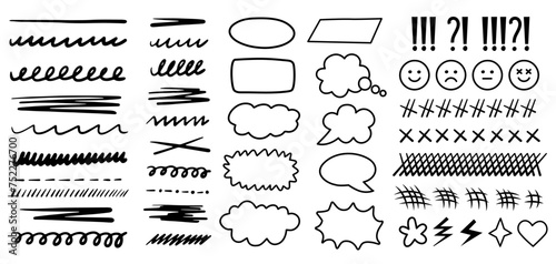 Scribble Doodle Ink brush underline emphasis line shape set. Vector hand drawn squiggles icons