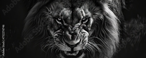 Aggressive lion head detail in black and white color. © Filip
