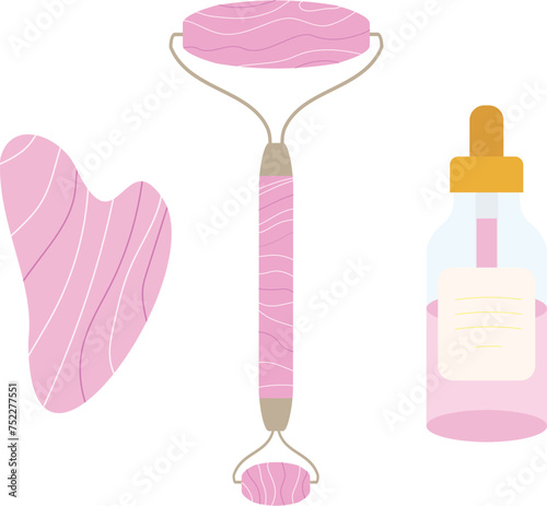 Rose quartz Gua sha stone, roller and massage oil for skin and body treatment isolated in white background