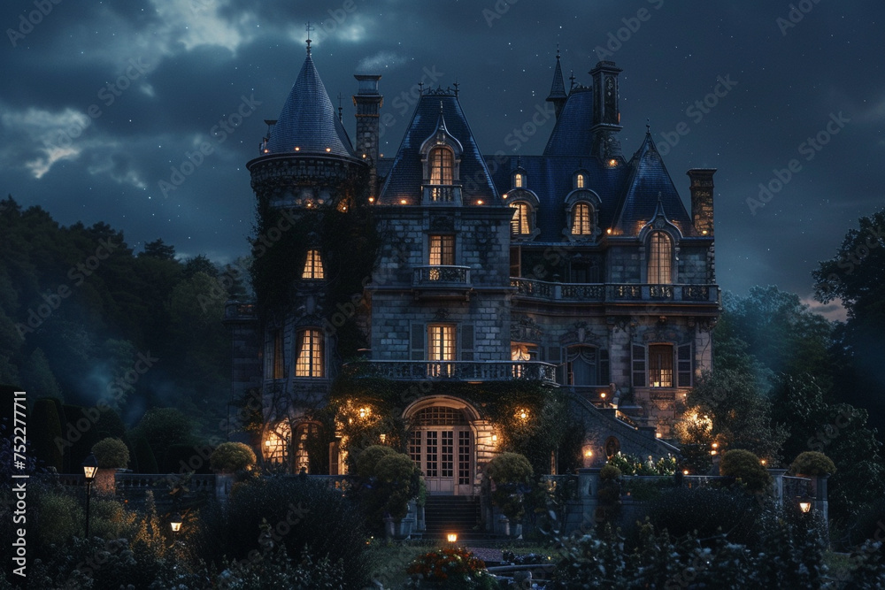 A grand chateau lit by ornamental exterior fixtures, standing amidst mature gardens, under the mystical aura of a navy night sky