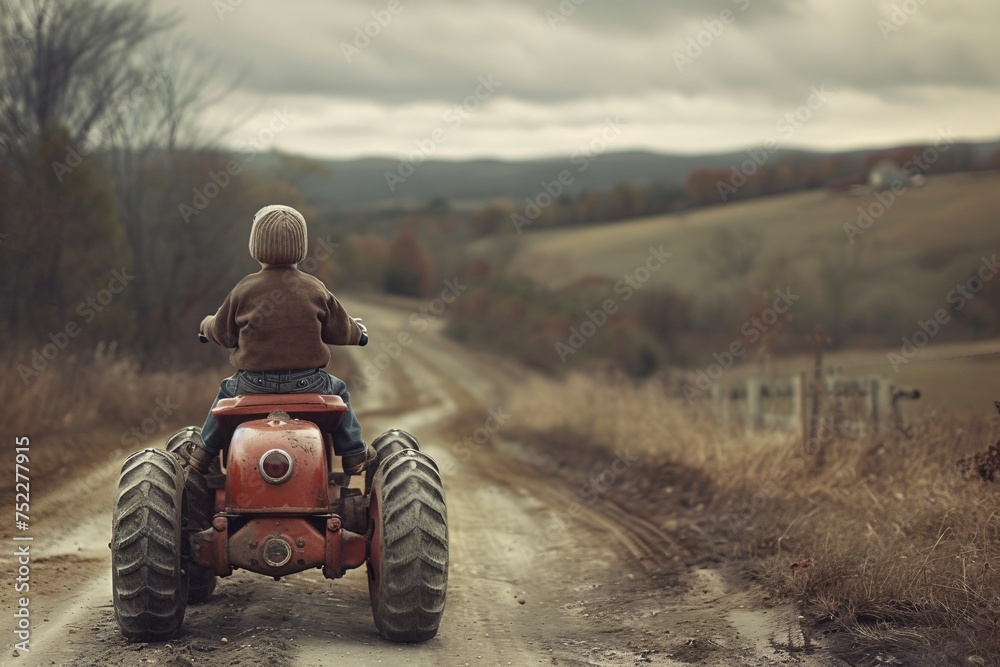 This evocative image shows a boy riding an old red tractor on a winding dirt road amidst a fall setting This evocative image shows a boy riding an old red tractor on a winding dirt road amidst a fall setting