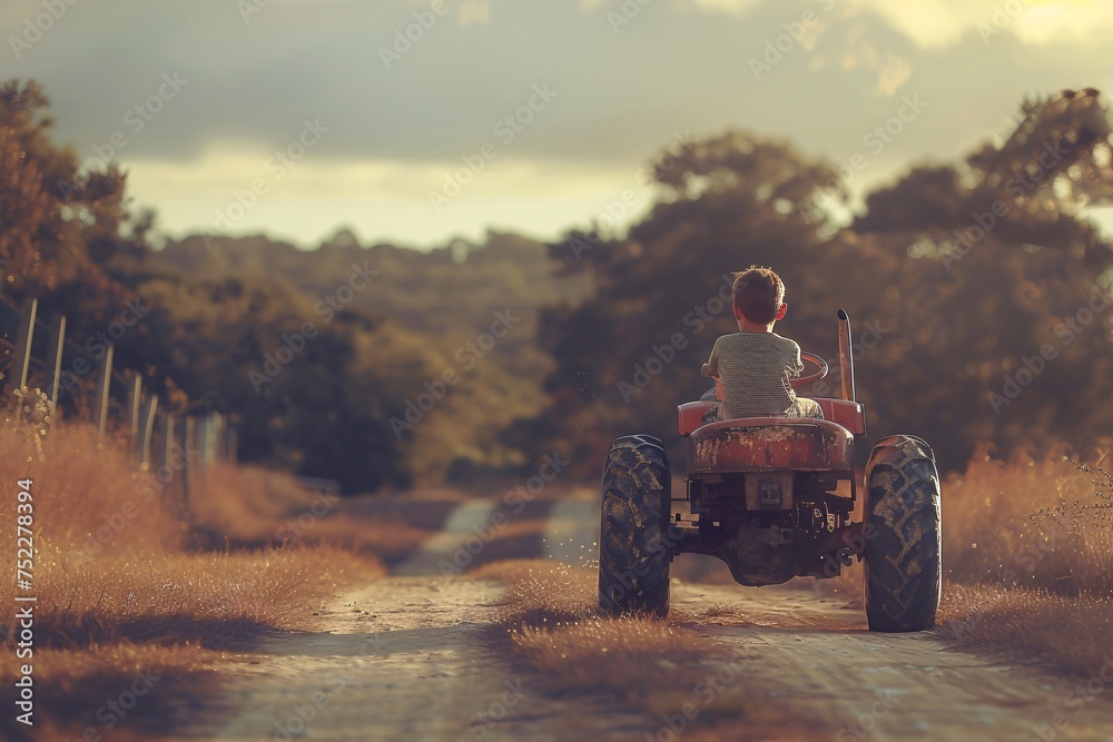 Fototapeta premium A young boy enjoys a ride on a vintage red tractor through a scenic countryside pathway in golden sunset light