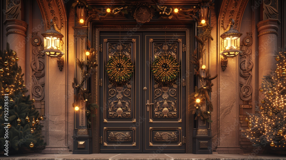 An 8K artistic impression of grand 3D double doors with Christmas lanterns and obsidian carvings, against a light brown background An 8K artistic impression of grand 3D double doors with Christmas lanterns and obsidian carvings, against a light brown background