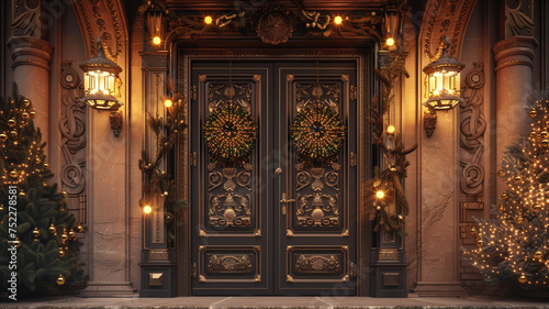 An 8K artistic impression of grand 3D double doors with Christmas lanterns and obsidian carvings, against a light brown background