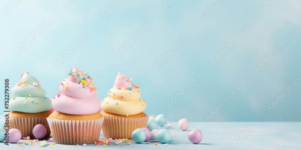 Festive cupcakes with icing and sweet candy on pastel blue background. Greeting card. Banner. Copy space. Birthday celebrations.