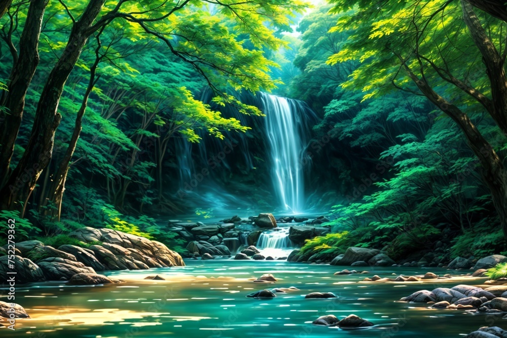 美しい森と川と滝の背景画像
