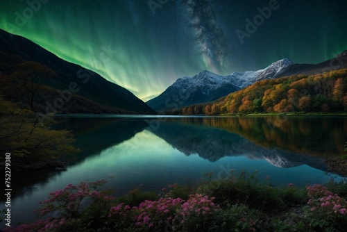美しい森と湖とオーロラの背景画像