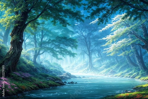 美しい森と川の背景画像