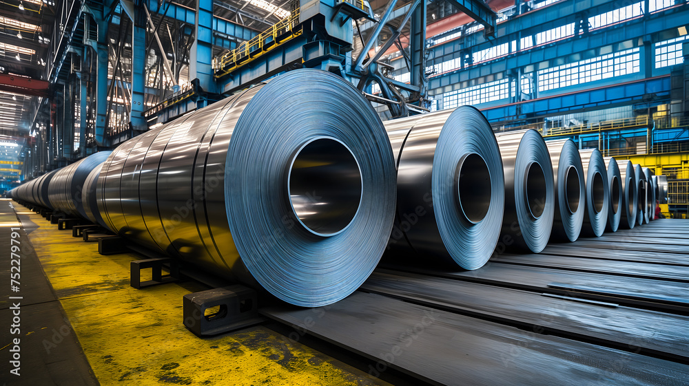 Packed rolls of steel sheet, Cold rolled steel coils in a warehouse. Neural network generated image. Not based on any actual person or scene. Packed rolls of steel sheet, Cold rolled steel coils in a warehouse. Neural network generated image. Not based on any actual person or scene.