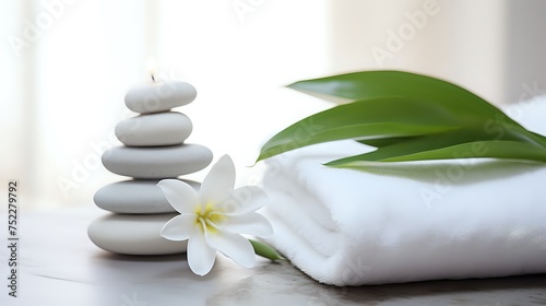  A white flower, green leaves, stacked white stones