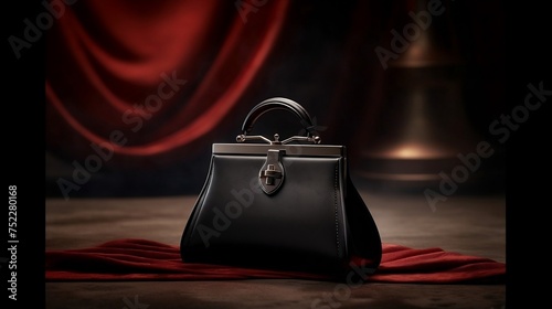 Black Handbag with Gold Clasp and Handle on Red Cloth 