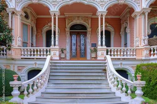An Italianate porch with a curved staircase and elaborate balusters  presenting the house exterior against a soft peach background