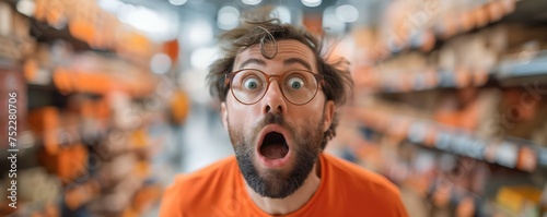 Shocked shopper reacts to high prices highlighting the exorbitant cost of items. Concept Shopping, High Prices, Reaction, Exorbitant Cost, Shocked Shopper