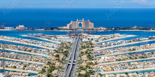 Dubai The Palm Jumeirah with Atlantis Hotel artificial island from above panorama