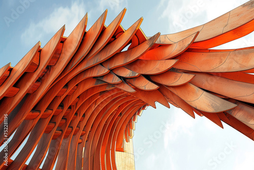 Architectural concept resembling the wings of an eagle with open spaces in a close exterior view with a background color of harvest orange