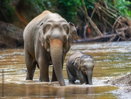 A mother elephant gently interacts with her calf in a serene water setting, surrounded by lush greenery.