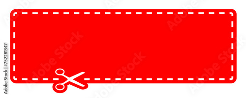 Bright red rectangular sticker outlined with a dashed cut line and scissors, representing coupons, offers, or craft ideas