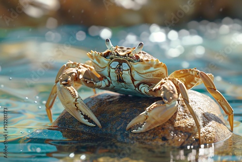 A digital image of a sun-kissed crab on a rock in sparkling waters that communicates a sense of warmth and life