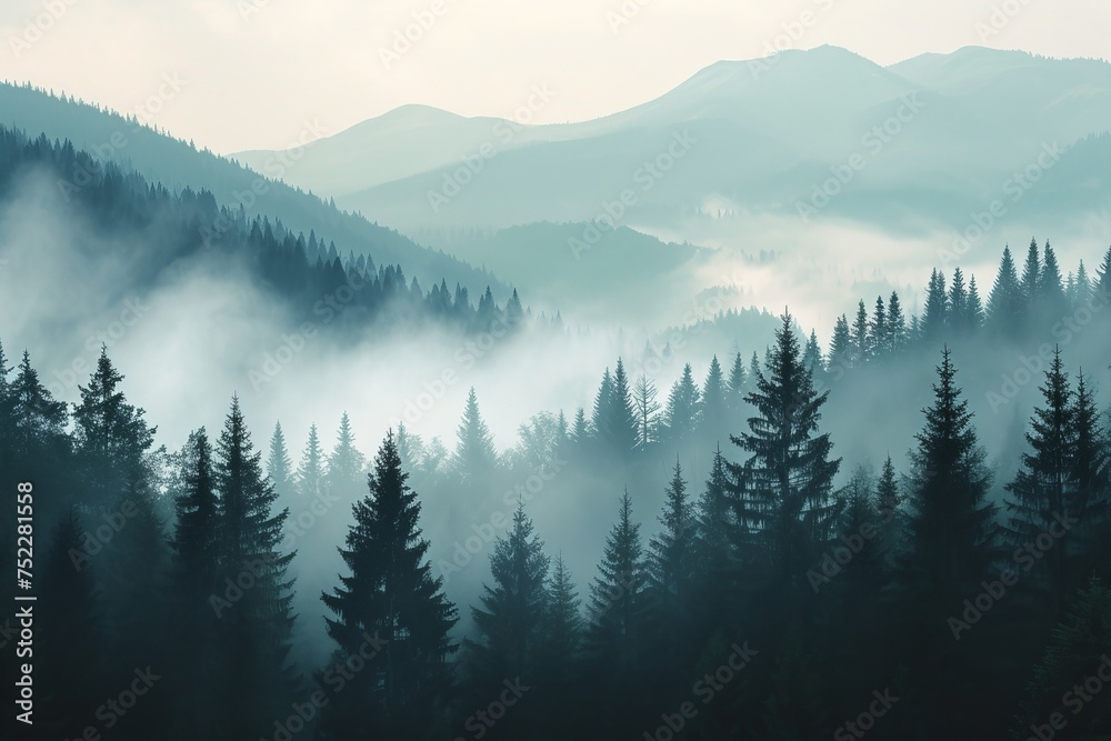 Foggy forest in the mountains - obrazy, fototapety, plakaty 