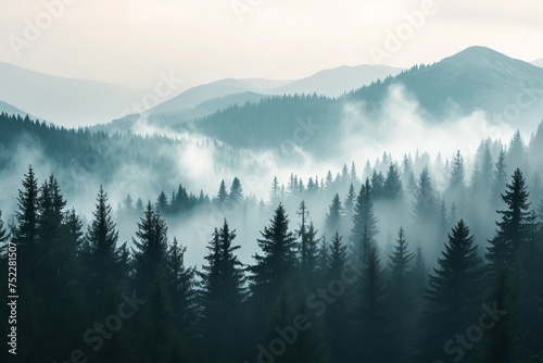 Foggy forest in the mountains