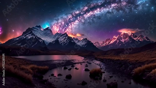 Torres del Paine Mountains, Patagonia, Chile. Under Starry Night Sky. Chilean Landscape, Astral Beauty. photo