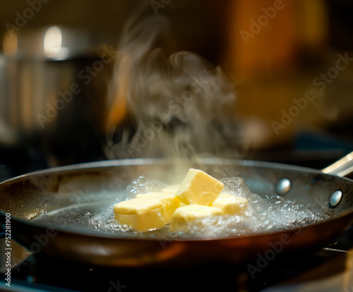 Butter melting in pan with steam, cooking process.