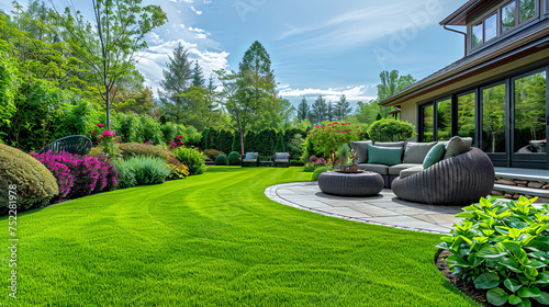 A vibrant and lush green lawn surrounded by a variety of colorful flowers and bushes, creating a peaceful and magical oasis in nature