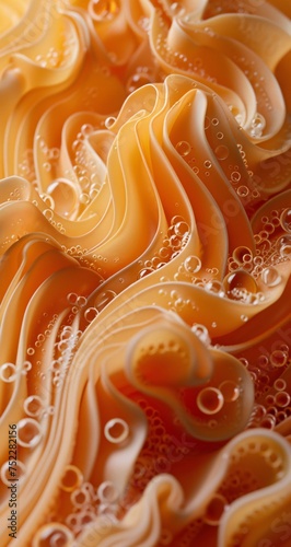A mesmerizing abstract image with swirling patterns of orange tones accentuated by white curves and bubbles