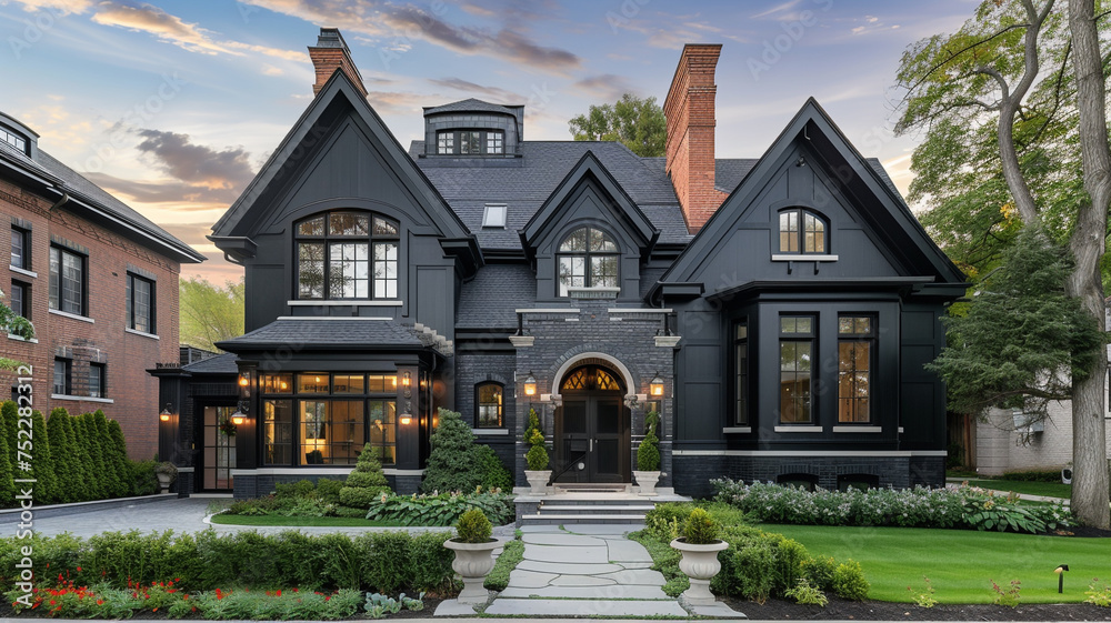 Chic traditional house in black and dark grey under a pastel periwinkle sky for a calm setting, exterior view
