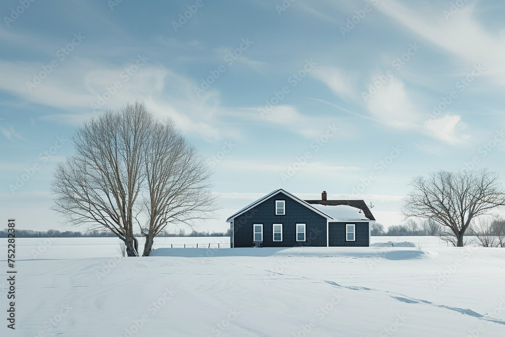 Classic one-story house with a black and dark grey exterior amidst a tranquil snow-covered landscape, pale blue sky overhead