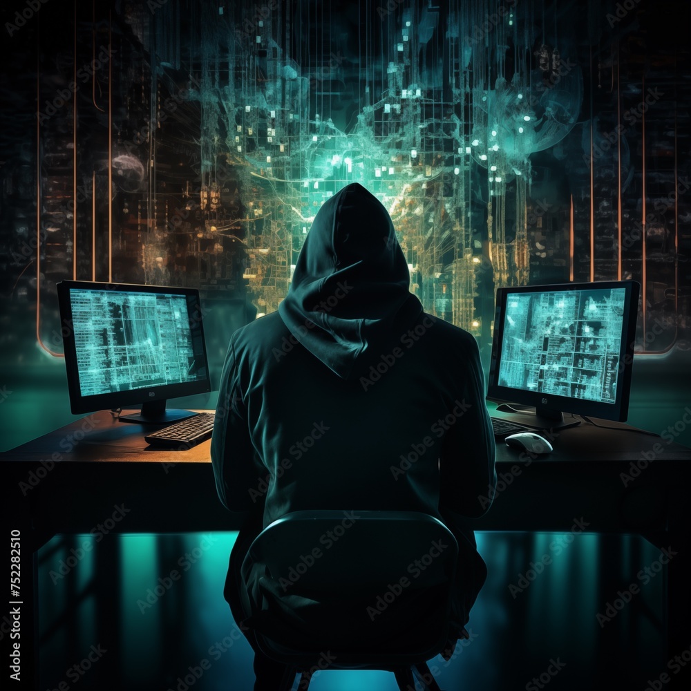 a futuristic cybersecurity workspace with a person working to protect sensitive data a futuristic cybersecurity workspace with a person working to protect sensitive data