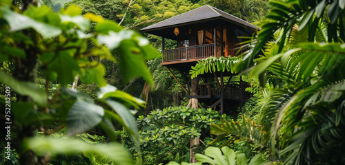 Close exterior view of a treehouse hidden among the foliage of a dense rainforest, background color: jungle green © Nairobi 