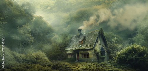 Close exterior view of a cozy cottage nestled in a lush green forest, smoke gently rising from the chimney, background color: soft sage green photo
