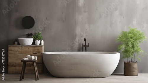 Sleek contemporary bathroom design with concrete wall  inspired by kinfolk style and minimalism