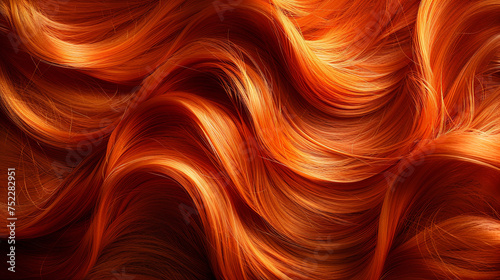 A detailed view of vibrant wavy orange hair cascading in a mesmerizing pattern, resembling a fiery sunset